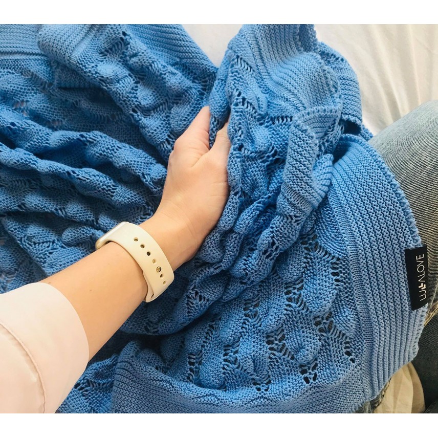 Openwork knit bamboo blanket for baby - Sapphire Lullalove Openwork knit bamboo blanket for baby - Sapphire Lullalove