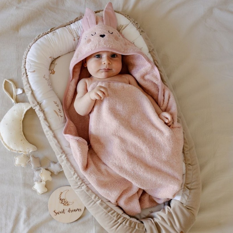 Serviette à capuche Lapin - Rose Poudré
