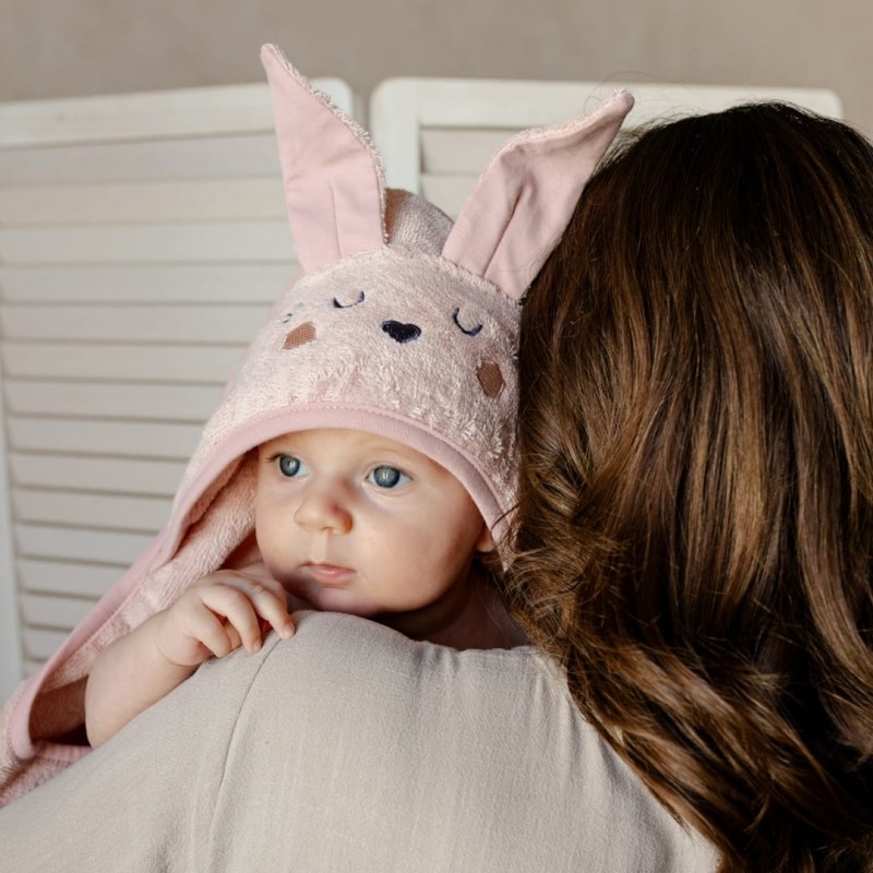 Serviette à capuche Lapin - Rose Poudré